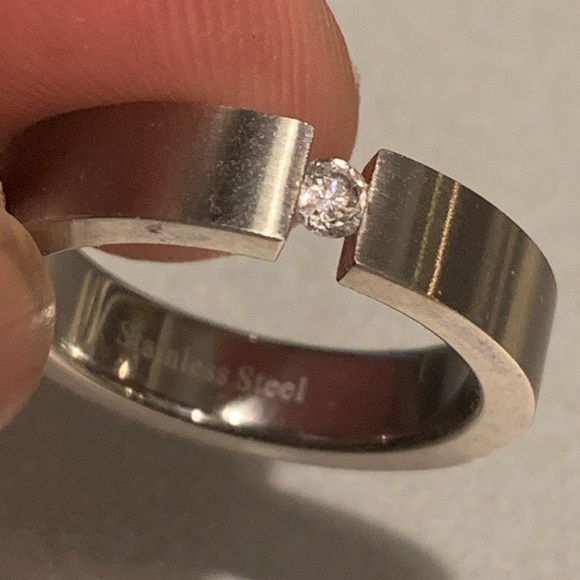 Contemporary Tension Steel/Diamond Solitaire Ring - Picture 3 of 5